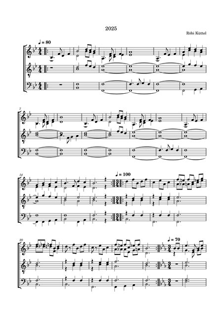 Notenblatt mit dem Titel '2025' von Röbi Küttel, das mehrere musikalische Noten und Taktangaben zeigt.