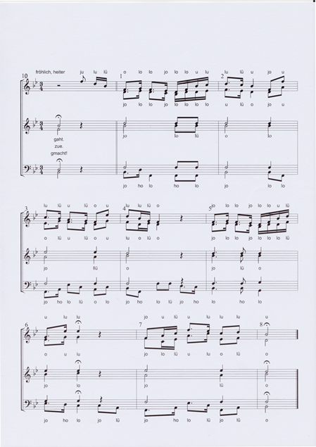 Notenblatt mit musikalischer Notation und Text, der mit 'fröhlich, heiter' beginnt.