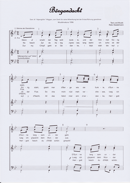 Notenblatt mit dem Titel 'Bärgandacht' und Text von Reto Stadelmann, das eine musikalische Komposition zeigt.