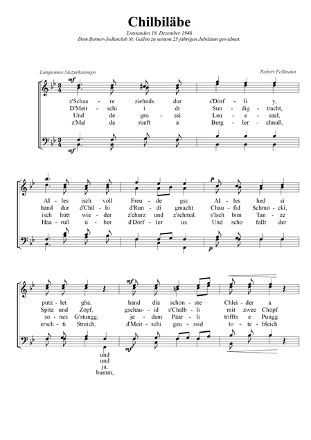 Notenblatt mit dem Titel 'Chilbiläbe', das Liedtexte und musikalische Notationen enthält.