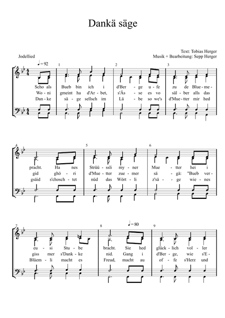 Notenblatt mit dem Titel 'Dankä säge', Text von Tobias Herger und Musik von Sepp Herger.