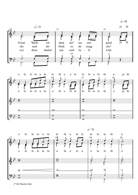 Notenblatt mit einem Liedtext in deutscher Sprache und musikalischen Notationen.