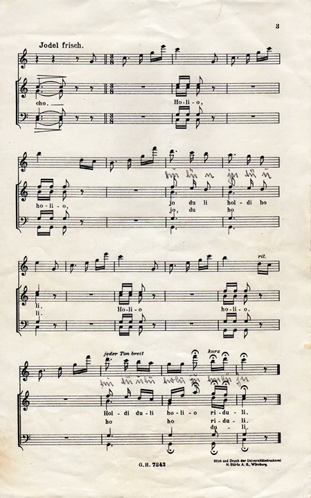 Notenblatt mit dem Titel 'Jodel frisch' und verschiedenen musikalischen Notationen.