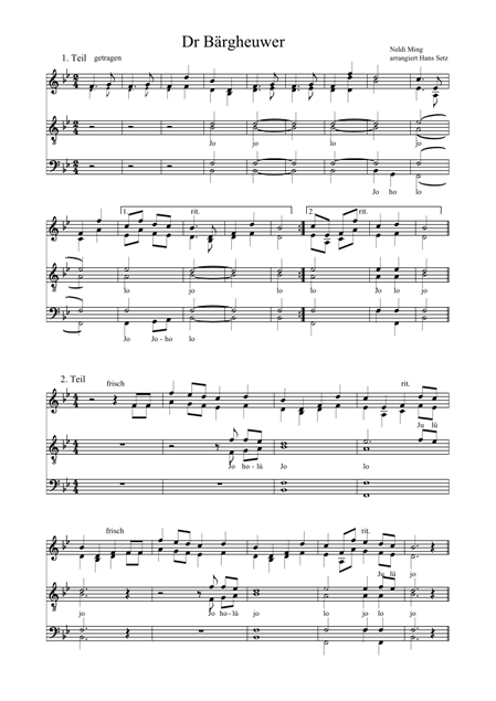 Notenblatt mit dem Titel 'Dr Bärgheuwer', bestehend aus zwei Teilen mit musikalischen Notationen.