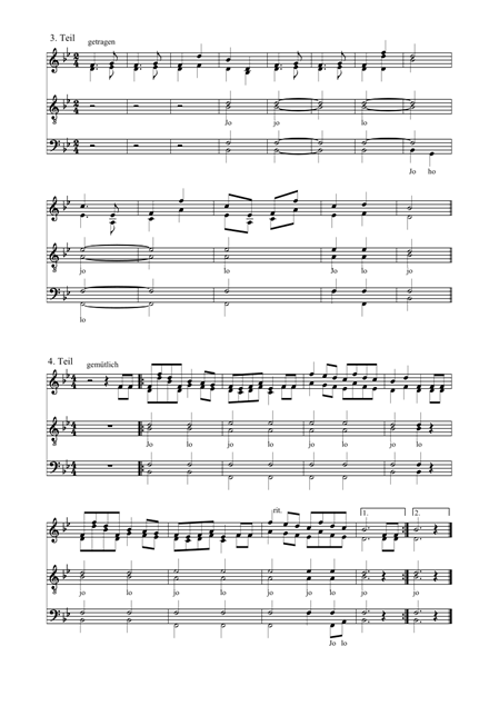 Notenblatt mit zwei Teilen, die als 'getragen' und 'gemütlich' bezeichnet sind, mit verschiedenen musikalischen Notationen.