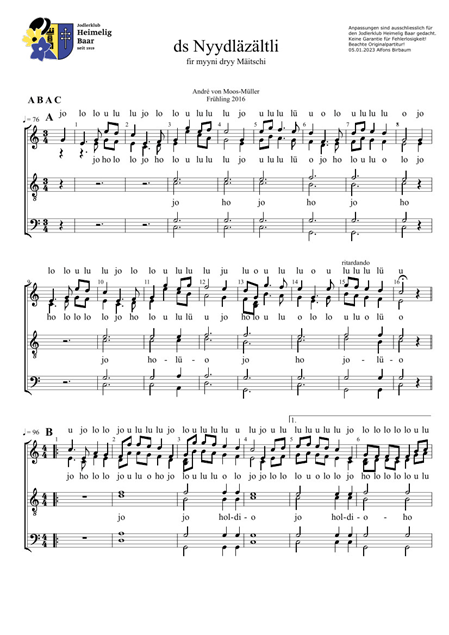 Notenblatt mit dem Titel 'ds Nyydläzältli' von André von Moos-Müller, bestehend aus mehreren Musikzeilen.