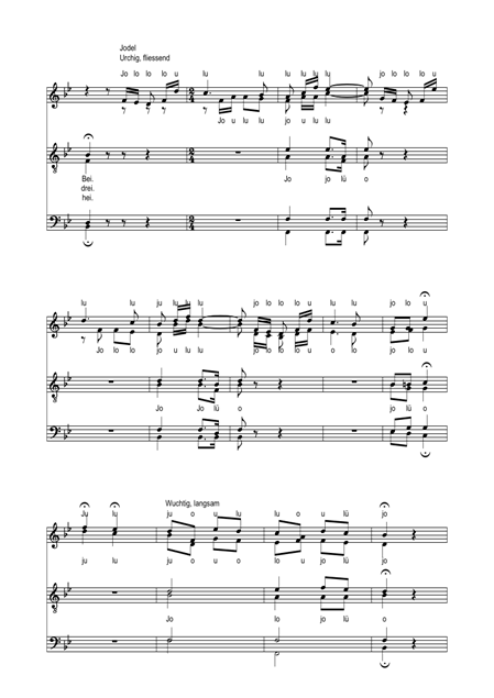 Notenblatt mit Jodellied, das in drei Abschnitte unterteilt ist, jeweils mit unterschiedlichen Tempi.
