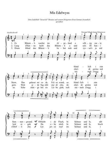 Notenblatt mit dem Titel 'Mis Edelwyss', das Liedtexte und musikalische Notationen enthält.