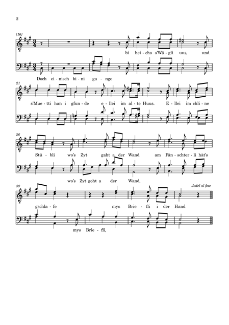 Notenblatt mit handschriftlichen Musiknoten und Text in Schweizerdeutsch.