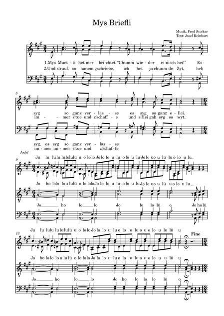 Notenblatt mit dem Titel 'Mys Briefli', das Musik und Text enthält.