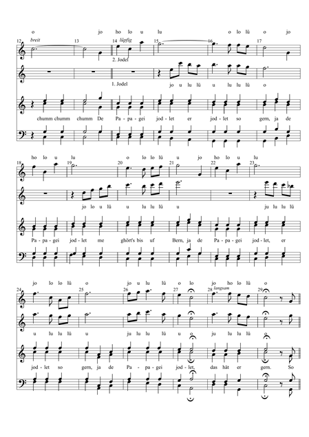Notenblatt mit Jodellied, das verschiedene Melodien und Texte zeigt.