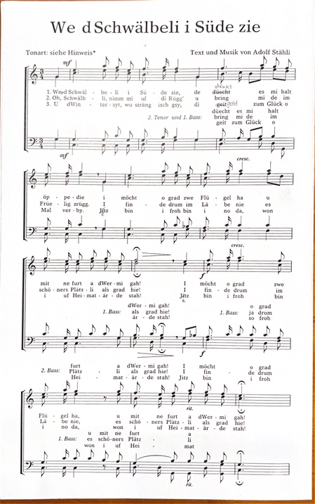 Notenblatt mit dem Titel 'We dSchwälbeli i Süde zie' und Text sowie Musik von Adolf Stähli.